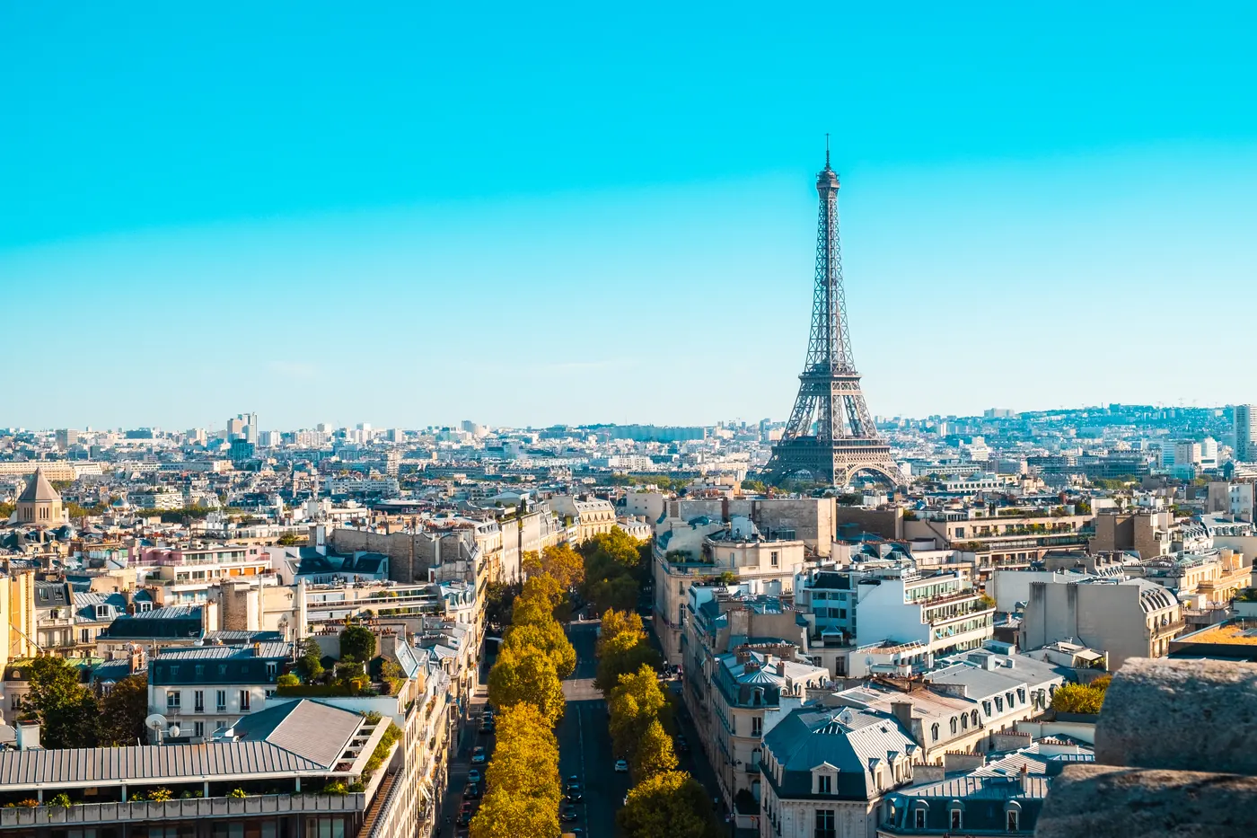 Cityscape of Paris under the sunlight and a blue sky in France